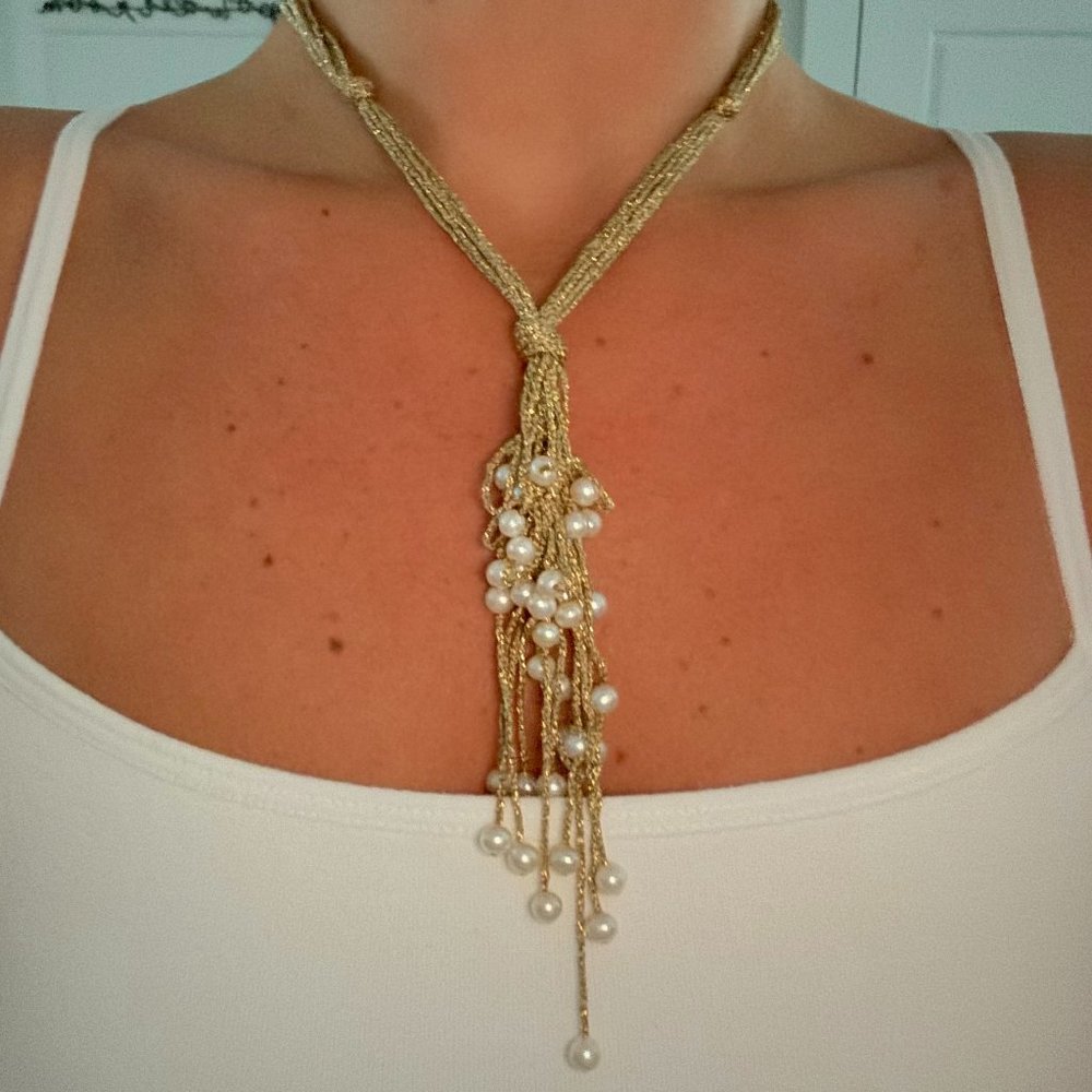 Handmade Metallic Golden Knotted Thread with Drop Pearls Necklace